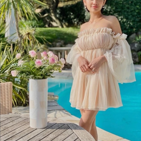 Ruffle dress mesh off shoulder fairy layer cream bell wide sleeve - Picture 14 of 15